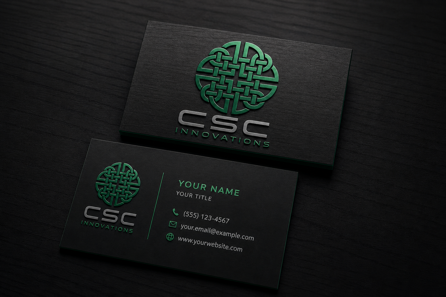CSC Innovations business card — cream stock with emerald and gold accents