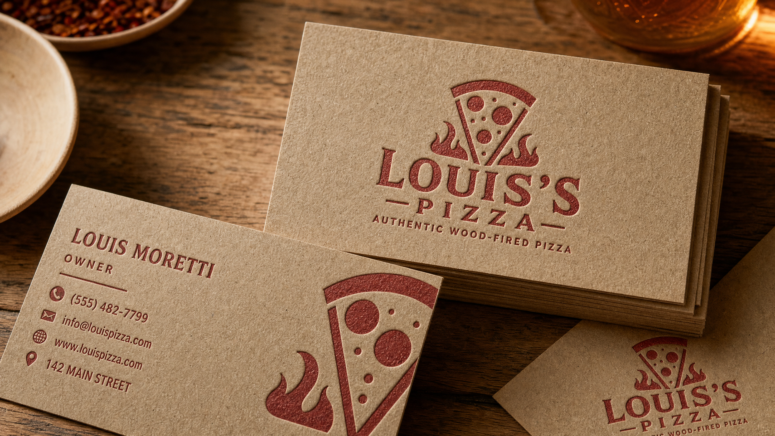 Kraft artisan business card design for Louis's Pizza